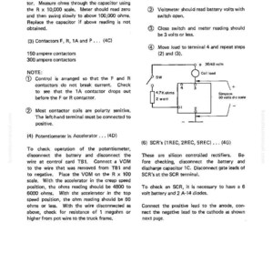 Op de afbeelding: Technisch diagram met tekstinstructies voor het testen van elektrische componenten. Bevat schakelschema's, specificaties voor contactoren en instructies voor het gebruik van een voltmeter en potentiometer. De pagina komt uit een handleiding.
