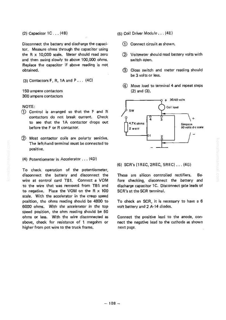 Op de afbeelding: Technisch diagram met tekstinstructies voor het testen van elektrische componenten. Bevat schakelschema's, specificaties voor contactoren en instructies voor het gebruik van een voltmeter en potentiometer. De pagina komt uit een handleiding.
