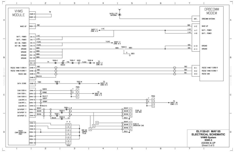 May include: Electrical schematic diagram of a VHMS system, featuring labeled modules, connectors, and lines. The diagram includes text such as "VHMS Module", "ORBCOMM MODEM", and "Electrical Schematic". The document is dated May 05.