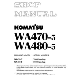 K&ouml;nnte beinhalten: Ein wei&szlig;es Werkstatthandbuch mit dem Text "SHOP MANUAL" in fetter, umrandeter Schrift. Das Komatsu-Logo und die Modellnummern WA470-5 und WA480-5 sind deutlich sichtbar. Das Handbuch enth&auml;lt Informationen zu Maschinenmodell und Seriennummer.