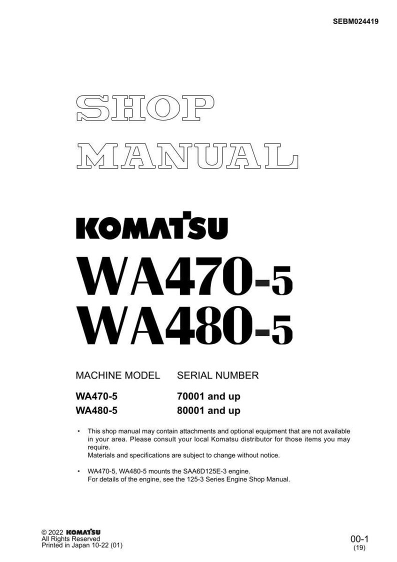 K&ouml;nnte beinhalten: Ein wei&szlig;es Werkstatthandbuch mit dem Text "SHOP MANUAL" in fetter, umrandeter Schrift. Das Komatsu-Logo und die Modellnummern WA470-5 und WA480-5 sind deutlich sichtbar. Das Handbuch enth&auml;lt Informationen zu Maschinenmodell und Seriennummer.