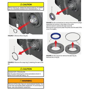 May include: Diagram from a service manual showing the disassembly of a mechanical component. The image includes step-by-step instructions with arrows pointing to parts like o-rings, snap rings, and seal covers. Safety warnings are also included.