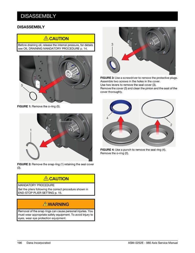 May include: Diagram from a service manual showing the disassembly of a mechanical component. The image includes step-by-step instructions with arrows pointing to parts like o-rings, snap rings, and seal covers. Safety warnings are also included.