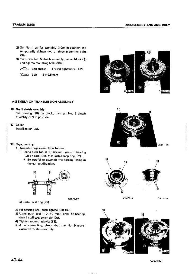 K&ouml;nnte beinhalten: Diagramm der Getriebemontage mit nummerierten Teilen und Anweisungen. Enth&auml;lt Bilder von Kupplungsbaugruppen, Geh&auml;usen und anderen Komponenten. Text beschreibt die Schritte zur Demontage und Montage.