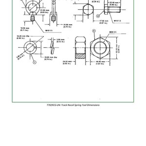 May include: Technical diagram of a track recoil spring tool, featuring detailed dimensions in inches and millimeters. Includes various components with measurements like 1.61 in. diameter and 0.77 in. length, with the text "T7029CG-UN: Track Recoil Spring Tool Dimensions".