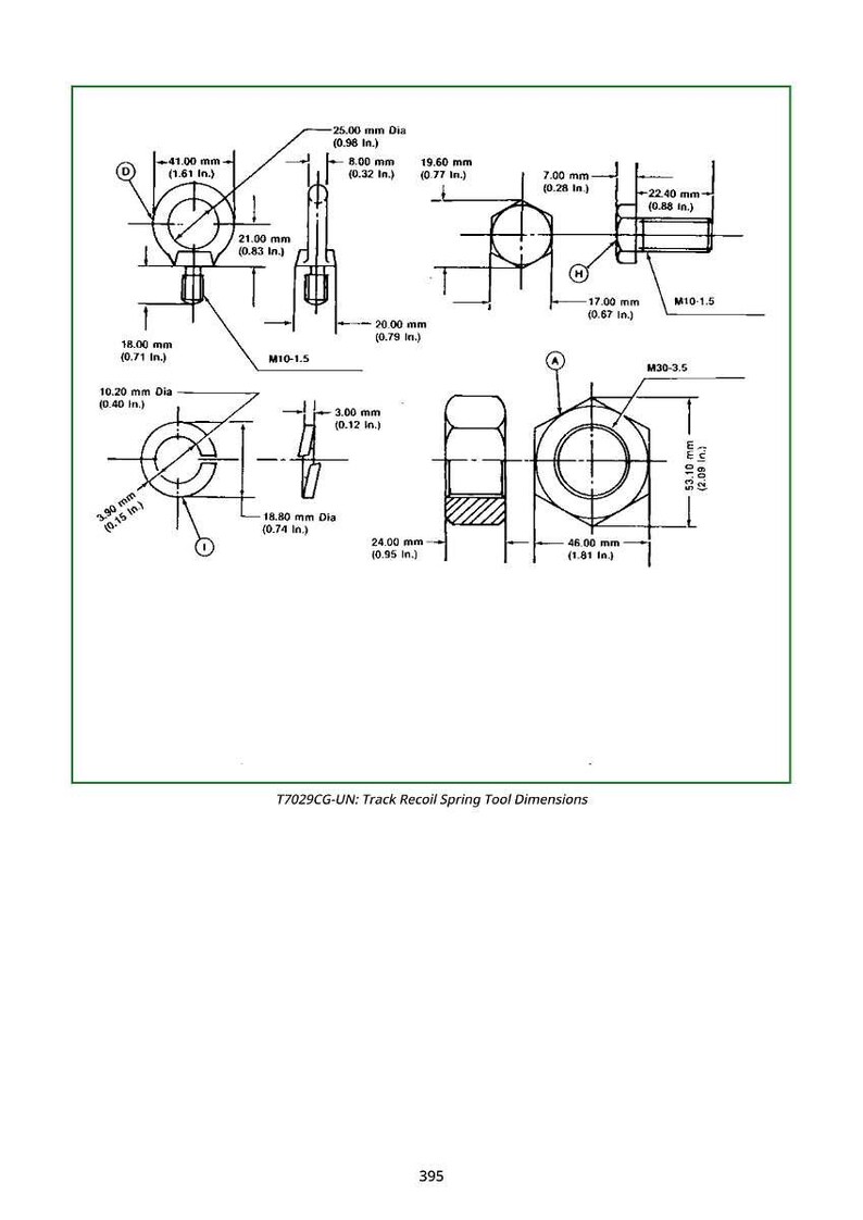 May include: Technical diagram of a track recoil spring tool, featuring detailed dimensions in inches and millimeters. Includes various components with measurements like 1.61 in. diameter and 0.77 in. length, with the text "T7029CG-UN: Track Recoil Spring Tool Dimensions".