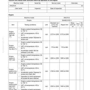 May include: A detailed technical document titled "Pm CLINIC CHECK SHEET: WA270-8" with tables and data related to engine performance checks. Includes engine speed, temperature, and other parameters.