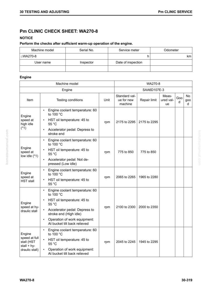 May include: A detailed technical document titled "Pm CLINIC CHECK SHEET: WA270-8" with tables and data related to engine performance checks. Includes engine speed, temperature, and other parameters.