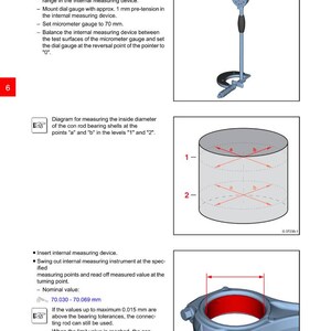 May include: Diagrams and instructions for measuring a connecting rod. Includes illustrations of measuring tools and the rod itself. Text includes nominal values in millimeters and instructions for use.