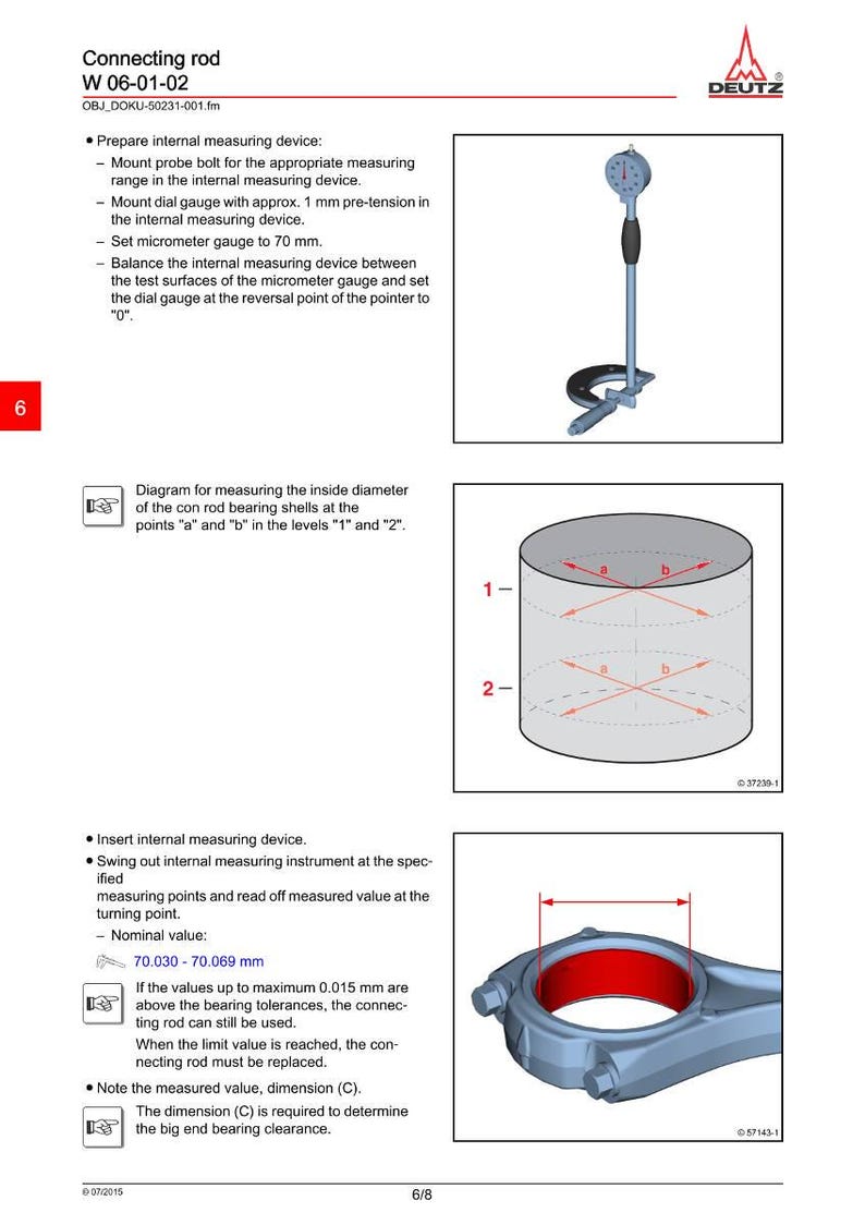 May include: Diagrams and instructions for measuring a connecting rod. Includes illustrations of measuring tools and the rod itself. Text includes nominal values in millimeters and instructions for use.