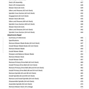 May include: A white printed page with a detailed list of mower repair procedures, including deck lift components, spindle cross-sections, and blade maintenance. The page includes a table of contents and page numbers.