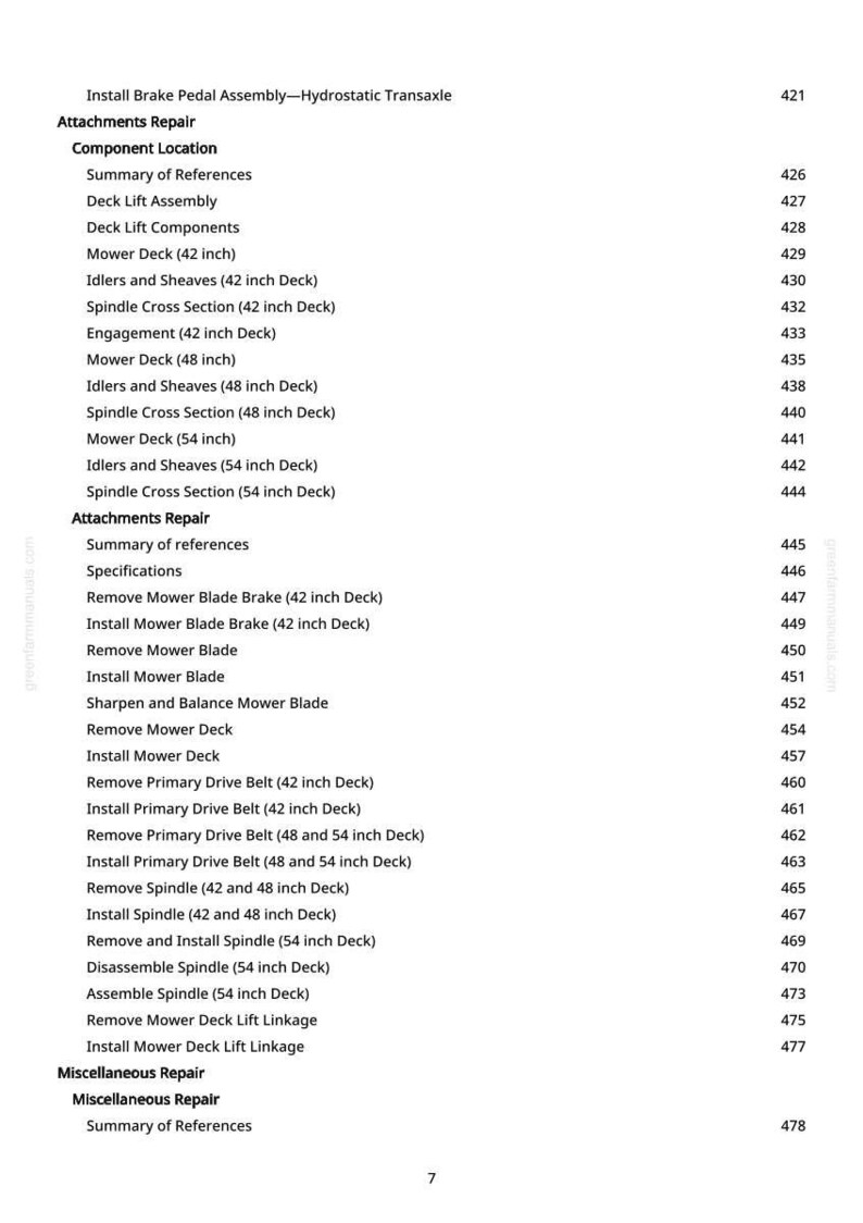 May include: A white printed page with a detailed list of mower repair procedures, including deck lift components, spindle cross-sections, and blade maintenance. The page includes a table of contents and page numbers.