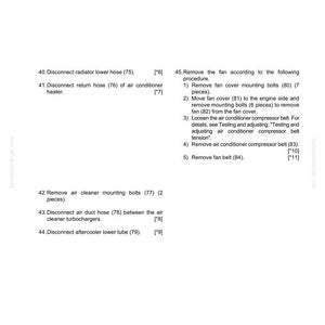 May include: A page from a manual detailing engine and cooling system removal and installation procedures. The text includes instructions for disconnecting hoses, removing bolts, and removing the fan. The document is labeled SEN06238-01.