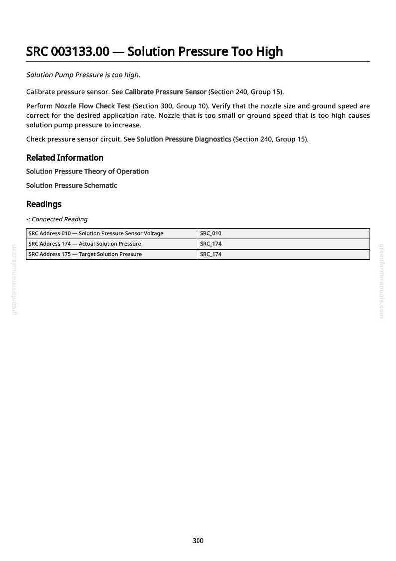 May include: A white document with the title "SRC 003133.00 - Solution Pressure Too High". The document contains text about solution pump pressure, calibration, and related information. Includes a table of readings.