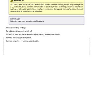 May include: A page from a manual detailing instructions for connecting battery cables. The text includes a caution about negative grounding, and steps for connecting the battery cables. The page is white with black text and yellow highlighted sections.