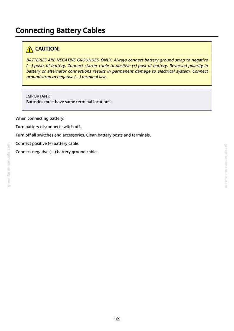 May include: A page from a manual detailing instructions for connecting battery cables. The text includes a caution about negative grounding, and steps for connecting the battery cables. The page is white with black text and yellow highlighted sections.