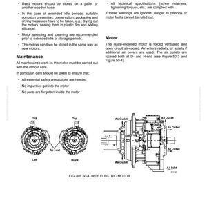 May include: Diagram of an 860E electric motor with labels for air inlets and outlets, and a cross-section view. The image includes text about motor storage, maintenance, and disassembly procedures. The diagram is from a manual.