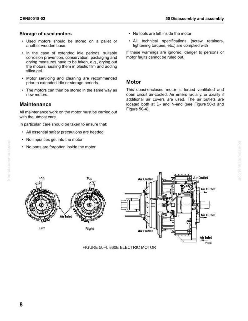 May include: Diagram of an 860E electric motor with labels for air inlets and outlets, and a cross-section view. The image includes text about motor storage, maintenance, and disassembly procedures. The diagram is from a manual.