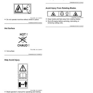 May include: A page of safety labels with no text, featuring warning symbols and instructions. The labels cover topics like keeping shields in place, avoiding injury from rotating blades, and hot surfaces. The page also includes a safety distance warning.