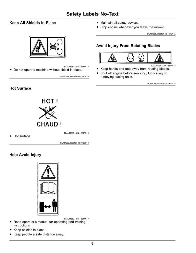 May include: A page of safety labels with no text, featuring warning symbols and instructions. The labels cover topics like keeping shields in place, avoiding injury from rotating blades, and hot surfaces. The page also includes a safety distance warning.