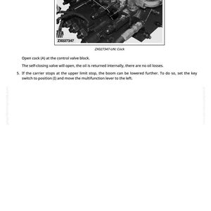 K&ouml;nnte beinhalten: Detaillierte Darstellung einer mechanischen Komponente mit Rohren, Ventilen und Armaturen. Das Bild enth&auml;lt den Text "ZX027347" und "ZX027347-UN: Cock" sowie Betriebsanweisungen.