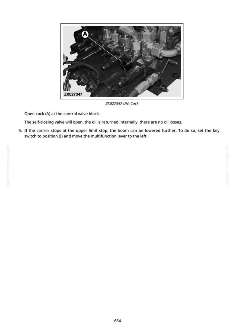 K&ouml;nnte beinhalten: Detaillierte Darstellung einer mechanischen Komponente mit Rohren, Ventilen und Armaturen. Das Bild enth&auml;lt den Text "ZX027347" und "ZX027347-UN: Cock" sowie Betriebsanweisungen.
