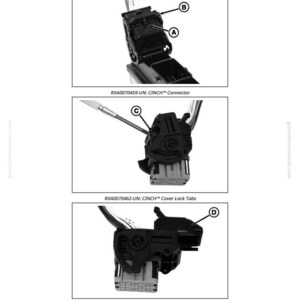 May include: Diagram of Cinch FlexBox Connectors, including a connector, cover lock tabs, and cover. The image shows close-up views of the connectors with labels A, B, C, and D. The text "CINCH FlexBox Connectors" is at the top.