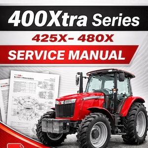 K&ouml;nnte beinhalten: Ein roter Massey Ferguson 400Xtra Series Traktor mit gro&szlig;en schwarzen Reifen. Das Bild enth&auml;lt den Text "400Xtra Series 425X-480X SERVICE MANUAL" und "PDF DOWNLOAD". Der Traktor steht neben einer Zeichnung.