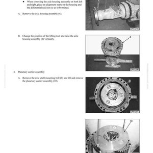 Puede incluir: Diagrama de instrucciones de desmontaje y montaje de la carcasa del eje. La imagen muestra varios componentes, incluyendo el conjunto de la carcasa del eje, el conjunto del portador planetario y los pernos de montaje. Etiquetas de texto identifican cada pieza.