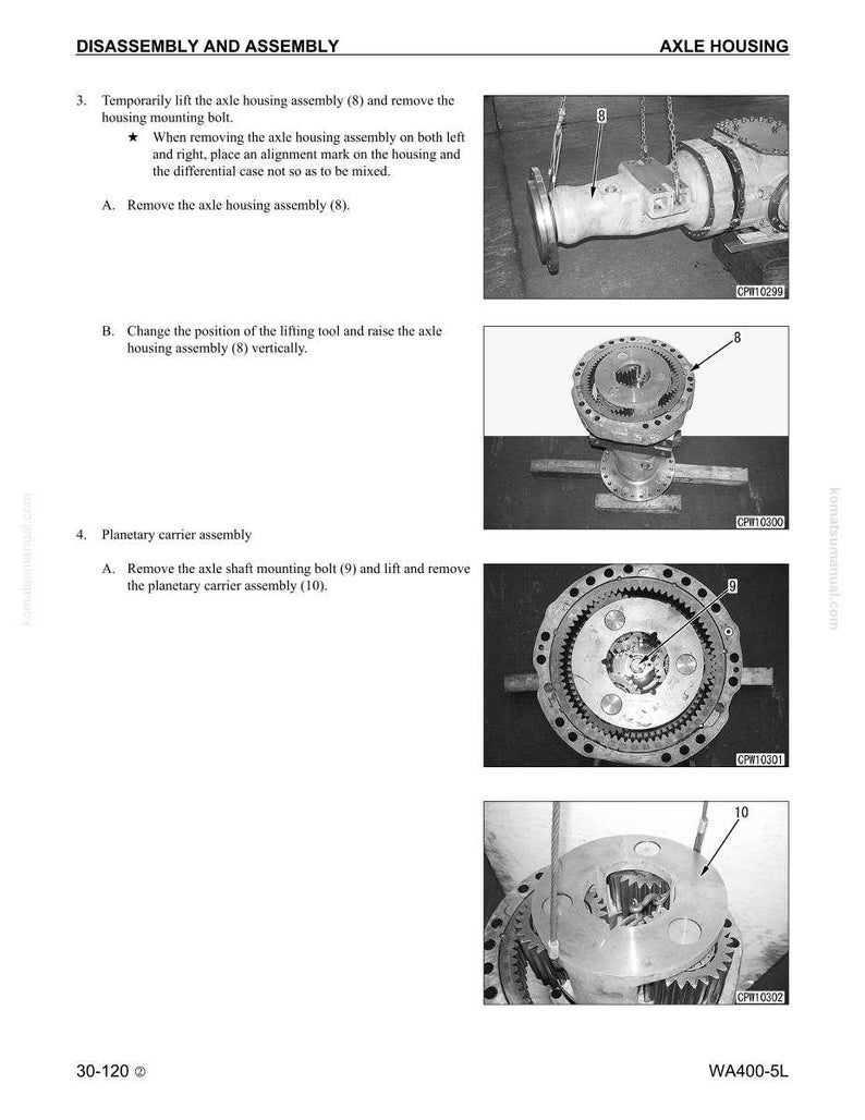 Puede incluir: Diagrama de instrucciones de desmontaje y montaje de la carcasa del eje. La imagen muestra varios componentes, incluyendo el conjunto de la carcasa del eje, el conjunto del portador planetario y los pernos de montaje. Etiquetas de texto identifican cada pieza.