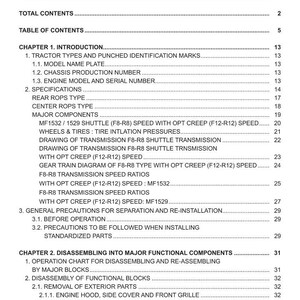 May include: A page from a Massey Ferguson Tractors manual, featuring a table of contents. The document lists chapters and sections, including tractor types, specifications, and disassembly procedures. The text is black on a white background.