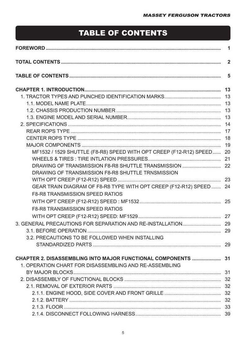 May include: A page from a Massey Ferguson Tractors manual, featuring a table of contents. The document lists chapters and sections, including tractor types, specifications, and disassembly procedures. The text is black on a white background.