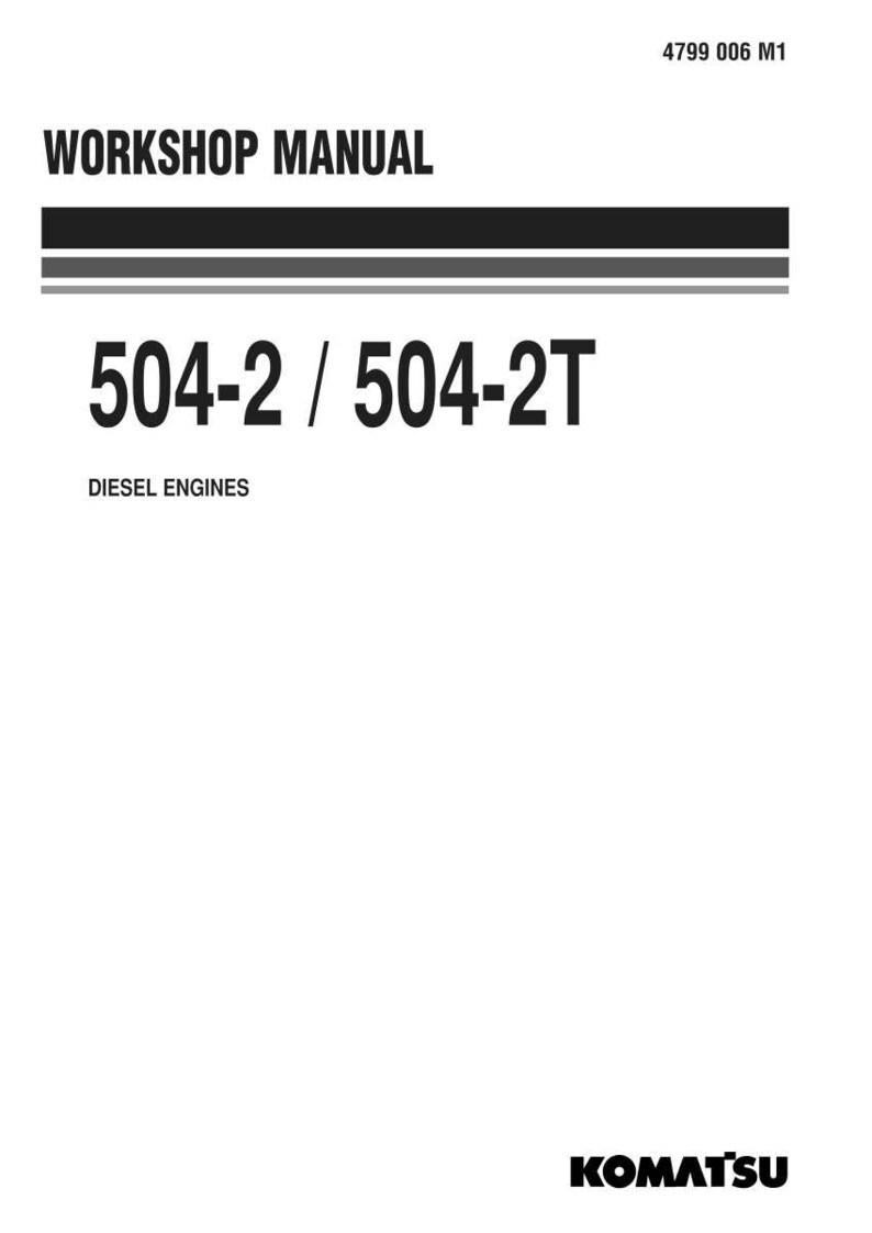May include: A white workshop manual cover with black text. The title "WORKSHOP MANUAL" is at the top, followed by the numbers "504-2 / 504-2T" and the words "DIESEL ENGINES". The Komatsu logo is at the bottom.