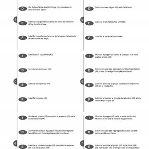 May include: A technical diagram with instructions in multiple languages. The page includes numbered steps and diagrams for mechanical assembly, with terms like "lubricate," "install," and "assemble" in various languages.