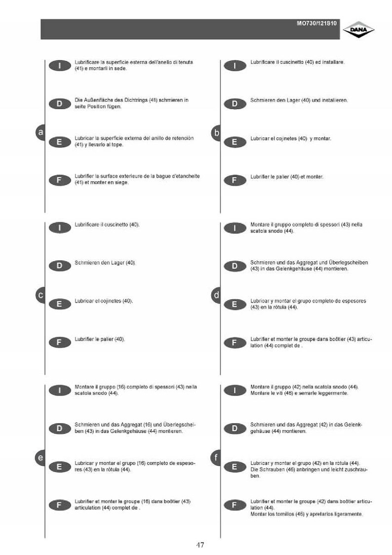 May include: A technical diagram with instructions in multiple languages. The page includes numbered steps and diagrams for mechanical assembly, with terms like "lubricate," "install," and "assemble" in various languages.