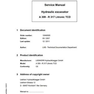 K&ouml;nnte beinhalten: Ein wei&szlig;es Servicehandbuch f&uuml;r einen Hydraulikbagger, Modell A 309 - R 317 Litronic TCD. Das Dokument enth&auml;lt Details wie Bestellnummer, Ausgabedatum und Herstellerinformationen.
