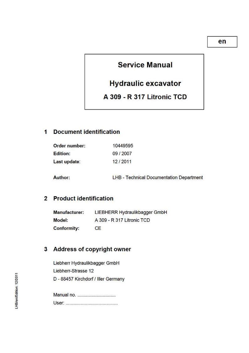 K&ouml;nnte beinhalten: Ein wei&szlig;es Servicehandbuch f&uuml;r einen Hydraulikbagger, Modell A 309 - R 317 Litronic TCD. Das Dokument enth&auml;lt Details wie Bestellnummer, Ausgabedatum und Herstellerinformationen.