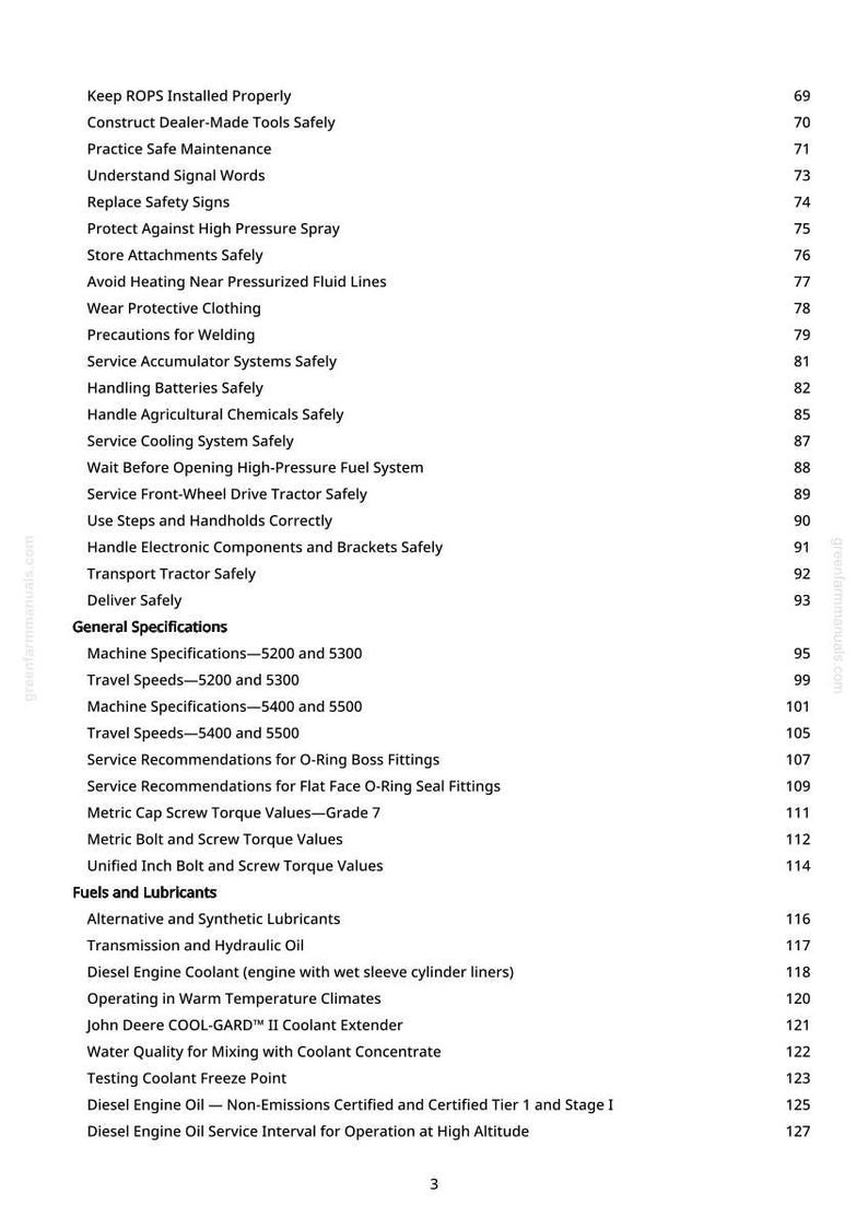 May include: A printed manual page detailing tractor maintenance and safety procedures. The text includes instructions such as "Replace Safety Signs" and "Handle Batteries Safely."