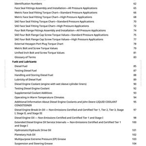 May include: A page from a manual with a table of contents. The table lists various topics related to engines, including dimensions, fittings, fuels, lubricants, and engine oil service intervals. The page is white with black text.