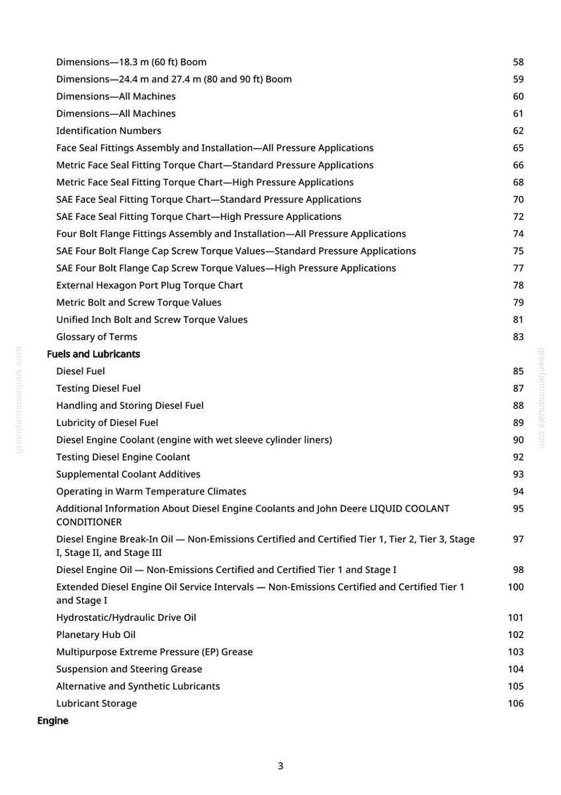 May include: A page from a manual with a table of contents. The table lists various topics related to engines, including dimensions, fittings, fuels, lubricants, and engine oil service intervals. The page is white with black text.