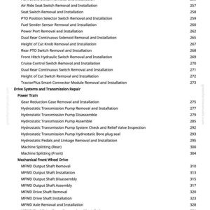 May include: A printed page from a greenfarmmanuals.com manual, listing various tractor repair procedures. The text includes topics like "Hydraulic Temperature Switch Removal and Installation" and "MFWD Output Shaft Removal."