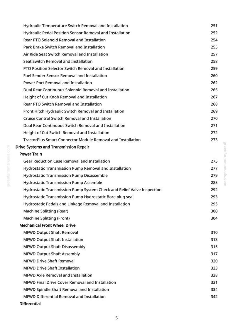 May include: A printed page from a greenfarmmanuals.com manual, listing various tractor repair procedures. The text includes topics like "Hydraulic Temperature Switch Removal and Installation" and "MFWD Output Shaft Removal."