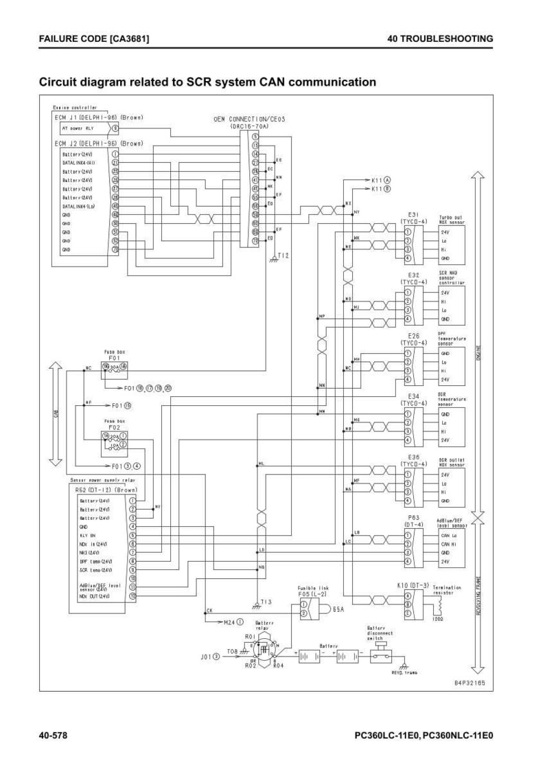 以下が含まれることがあります： SCRシステムCAN通信に関連する詳細な回路図で、テキストラベルとコンポーネント記号が付いています。この図には、ECM、DEM接続、およびさまざまなセンサーが含まれており、背景は白で、黒い線が使用されています。
