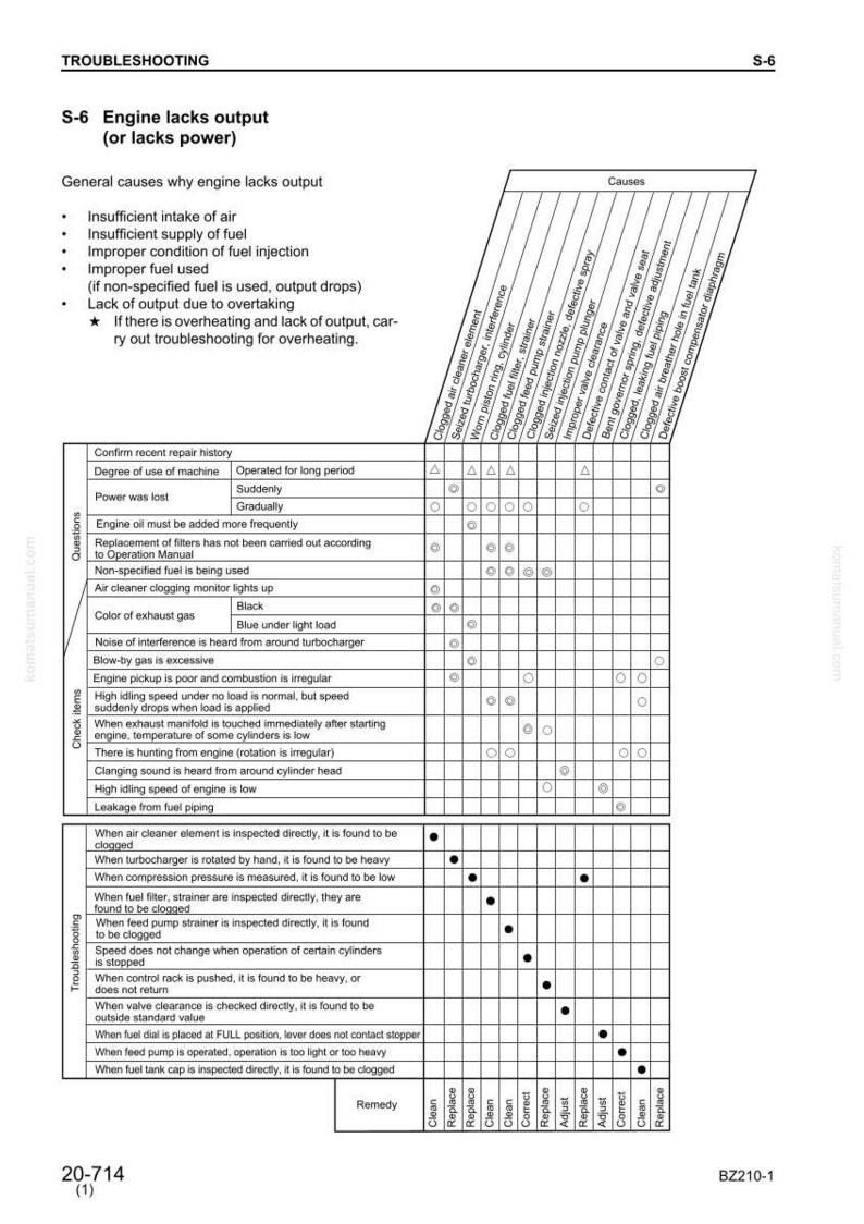 Pu&ograve; includere: Guida alla risoluzione dei problemi per i problemi di rendimento del motore, etichettata come S-6. Dettaglia le cause come l'aspirazione dell'aria e l'alimentazione di carburante insufficienti. Include un grafico con elementi di controllo, domande e rimedi.