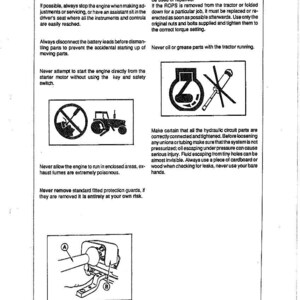 May include: A page of safety regulations with text and diagrams. The text warns about asbestos, starting the engine, and hydraulic circuits. Diagrams show a tractor and other mechanical components.
