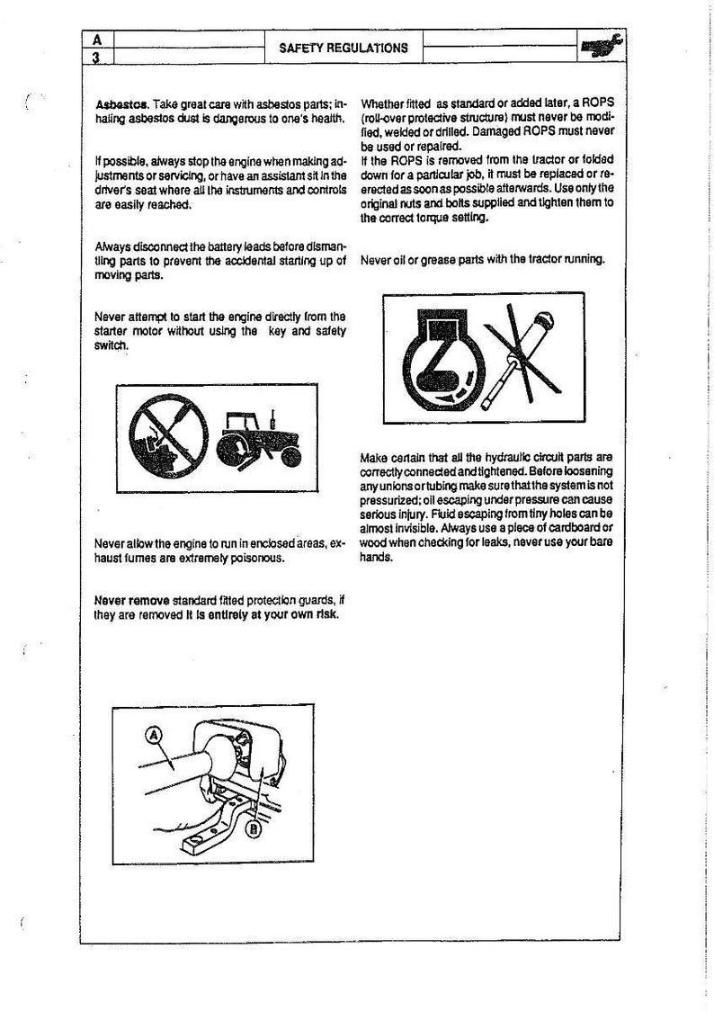 May include: A page of safety regulations with text and diagrams. The text warns about asbestos, starting the engine, and hydraulic circuits. Diagrams show a tractor and other mechanical components.