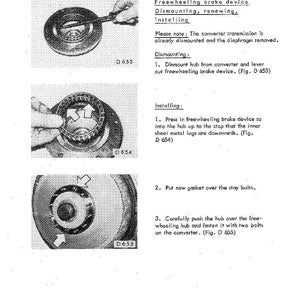 May include: A page from a service manual illustrating the dismounting and installing of a freewheeling brake device for a converter transmission. The diagrams show close-ups of mechanical components.