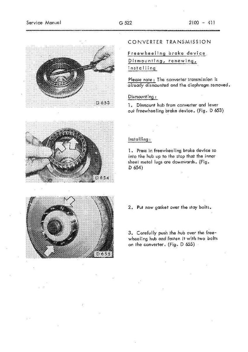 May include: A page from a service manual illustrating the dismounting and installing of a freewheeling brake device for a converter transmission. The diagrams show close-ups of mechanical components.