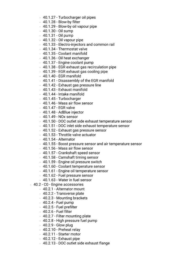 May include: A detailed list of automotive engine components, including oil pipes, filters, pumps, and sensors. The text-based document also lists parts like the thermostat valve, exhaust manifold, and fuel pump. The list is organized with numbered entries.