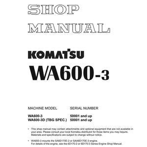 May include: A white shop manual with the text "SHOP MANUAL" and "KOMATSU WA600-3" in bold black font. The manual includes machine model and serial number information. The Komatsu logo and copyright information are also visible.